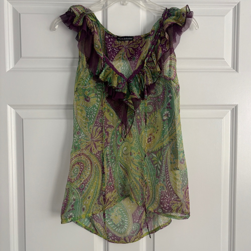 Paisley Ruffle Trim Top - Green and Purple